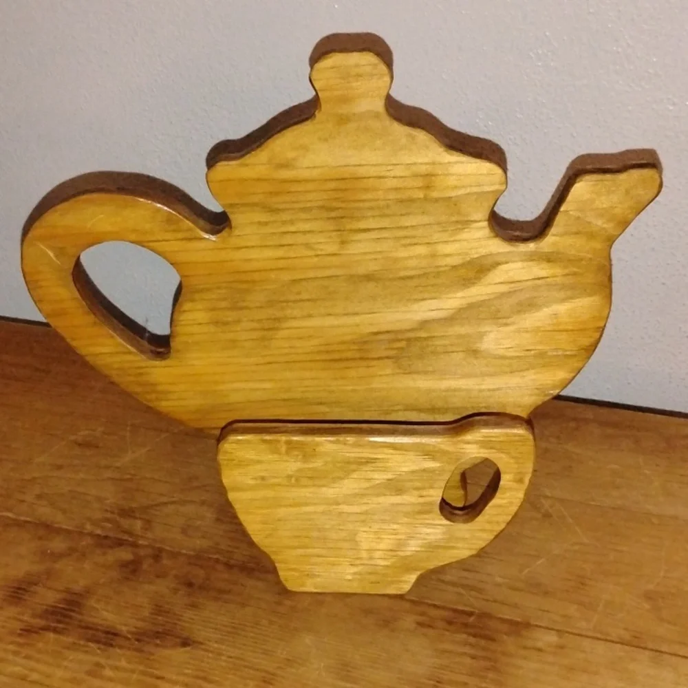 VintageWooden Teapot & Cup Napkin Holder, Mail Holder, Decor Natural Wood Finish - Picture 1 of 5
